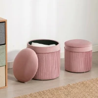 HOMCOM Set 2 Taburete Rotunde Stivuibile și Tapițate, cu Huse din Catifea și Spațiu de Depozitare de 34.8L, Roz(m-8)