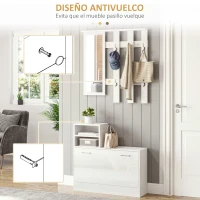 HOMCOM Recibidor con Espejo Perchero y Zapatero Muebles de Entrada con 6 Ganchos y Estantes para 8 Pares de Zapatos Blanco(m-7)