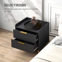 HOMCOM Table de chevet, table de nuit avec 2 tiroirs rainurés, pieds en métal dorés, 50 x 40 x 50 cm, noir(m-5)
