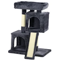 PawHut Albero Tiragraffi per Gatti con Pali in Sisal, Lettino e 2 Casette, 59x39x81cm, Grigio Scuro(m-11)