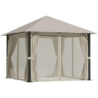Outsunny Gazebo da Giardino 3x3m in Alluminio e Acciaio con Prese d'Aria, Zanzariera e Tende, Cachi(m-10)
