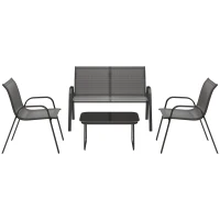 Outsunny Set da Giardino con Divano 2 Posti, 2 Poltrone Impilabili e Tavolino in Vetro, Nero(m-11)
