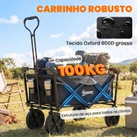 Outsunny Carrinho de Transporte Dobrável com Toldo Removível e Alça Ajustável Capacidade 100 kg para Campismo 97x52x105 cm Preto(m-8)