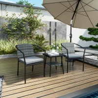 Outsunny 3 Pieces Rattan Bistro Set with Cushions, Wicker Garden Furniture Set, Glass Top Coffee Table and Chairs for Outdoor Patio, Balcony, Terrace and Conservatory, Grey(m-8)