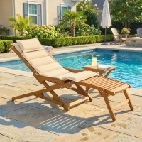 Outsunny Tumbona Silla Plegable de Madera con Reposapiés Desmontable y Cojín con Reposacabezas Carga 160 kg 158x61x70 cm Beige(m-10)