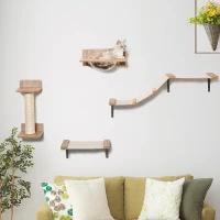 PawHut Kletterwand Katzen, 4-teilig Katzenkletterwand Set Katzen Wandelemente mit Kratzbaum Hängematte Sprungplattform Kratzsäule Katzentreppe Katzenwandmöbel für Klettern Schlafen bis 5 kg Hellbraun(m-10)