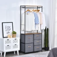HOMCOM Chest of Drawers with Coat rack Steel Frame 5 Drawers  Bedroom Hallway Home Furniture Black Brown(m-2)