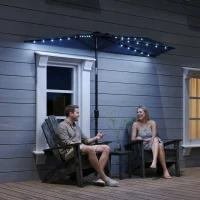 Outsunny 2.6 m Half Garden Parasol with Solar LED Lights, UPF50+ Semi Round Umbrella with 30° Tilt, Crank Handle, Dark Blue(m-10)