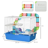 PawHut Gabbia per Criceti a 3 Livelli con Tunnel, Casetta e Ruota per Criceti, 59x36x47cm, Blu e Bianco(m-3)