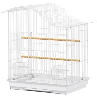PawHut Gabbia per Uccelli a 4 Porte con 2 Ciotole, 2 Posatoi e Vassoio, in Metallo e Plastica, 47.5x36x54.5 cm, Bianco(m-11)