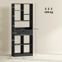 HOMCOM Bibliotecă Modernă din Lemn cu Sertar Central și Kit Anti-răsturnare, 60x26x158 cm, Negru(m-3)