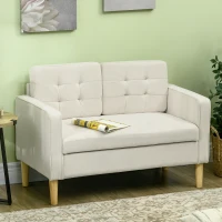 HOMCOM Modern Loveseat Sofa, Compact 2 Seater Sofa with Hidden Storage, 117cm Tufted Cotton Couch with Wood Legs, Cream White(m-7)