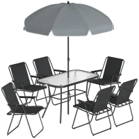 Outsunny Set da Giardino 8 pz con Ombrellone, 6 Sedie Pieghevoli e Tavolo da Esterno in Vetro Temperato, Nero(m-1)