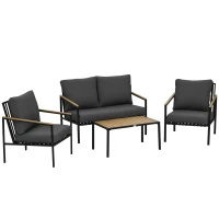 Outsunny Ensemble salon de jardin 4 pièces 4 personnes avec canapé 2 places fauteuils et table basse 8 coussins noir gris foncé(m-1)