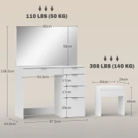 HOMCOM Set Masă de Toaletă cu Oglindă și 5 Sertare 97,2x44,5x136,5 cm și Taburet Căptușit 40x24x46 cm, Alb(m-3)