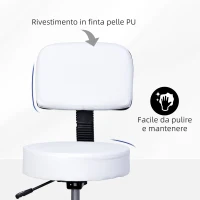 HOMCOM Sgabello Girevole con Schienale, Altezza Regolabile e 5 Ruote in pelle PU Bianca per Casa o Negozio(m-4)