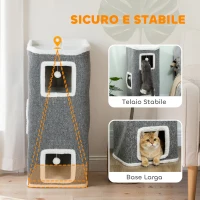 PawHut Torre per Gatti con 3 Casette, 3 Palline e Posatoio, in Legno, Tessuto e Peluche, 41x41x100 cm, Grigio e Bianco(m-7)