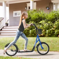 HOMCOM Trottinette patinette Enfant Grandes Roues pneumatiques Guidon réglable Frein AV-AR Garde-Boue béquille Panier métal Bleu Noir(m-10)