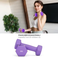 SPORTNOW Set 6 Manubri Pesi (2x1 kg, 2x2 kg, 2x3 kg) da 12 kg con Supporto/Kettlebell, in Metallo e PP Rosa, Azzurro e Viola(m-7)