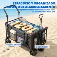 Outsunny Carro de Jardín Plegable con Ruedas Grandes Bloqueables Barra Ajustable Portavasos para Campaña 125x59x133 cm Negro(m-9)