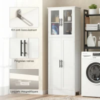 HOMCOM Meuble de salle de bain haut 6 niveaux, meuble de rangement avec 4 portes dont 2 vitrées et étagères réglables, blanc(m-7)