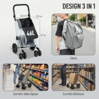 HOMCOM Carrello Spesa Pieghevole in Alluminio con Ruote, Borsa da 46L, Scomparto Refrigerato, Manico Regolabile, Grigio(m-4)