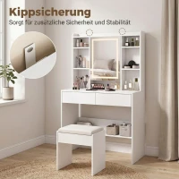 HOMCOM Schminktisch mit Spiegel und LED-Beleuchtung, Frisiertisch mit 2 Schubladen, offenen Fächern und 8 Haken, Weiß(m-6)