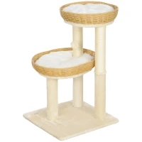 PawHut Arbre à chat arbre à grimper hauteur de 75,5 cm avec deux lits pour chat en rotin griffoirs coussins lavables beige(m-12)