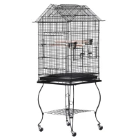 PawHut Jaula para Pájaros con Soporte y Ruedas Bandeja Extraíble 2 Comederos Repisa Inferior Metal para Canarios Periquitos Loros 53x53x147 cm Negro(m-8)