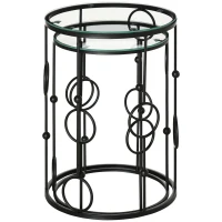 HOMCOM Set di 2 Tavolini da Caffè Impilabili in Metallo e Vetro Temperato Ø41x57cm e Ø36x51cm, Nero(m-10)