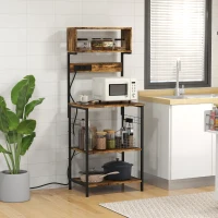 HOMCOM Étagère de cuisine support pour micro-ondes avec 2 chargeurs USB et 2 prise de courant, 5 crochets et étagère réglable(m-2)