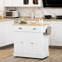 HOMCOM Carro de Cocina con Ruedas Isla de Cocina con 2 Cajones Especiero y Barra para Colgar 110x45x91 cm Blanco(m-2)