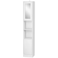 kleankin Colonna Bagno Salvaspazio in Legno con Specchio e Apertura a Pressione, 30x28x170cm, Bianco(m-11)