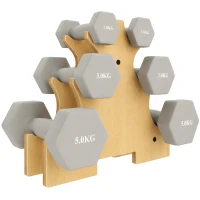 SPORTNOW Set de mancuernas 3 pares 1 kg 3 kg 5 kg con soporte de madera, agarre antideslizante, hierro fundido hexagonal, gris claro(m-1)