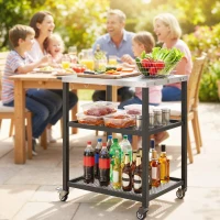Outsunny Outdoor Grill Cart with Stainless Steel Tabletop, 3-Tier Pizza Oven Stand with Adjustable Shelf, Hooks, Wheels, Black(m-10)