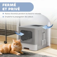 PawHut Maison de Toilette pour Chat, Tiroir Coulissant, Couvercle, 2 Portes Réglables, Pelle, Détachable, 48x38x38,5cm, Gris(m-5)