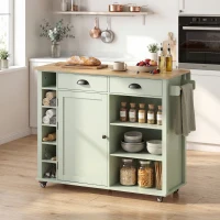 HOMCOM Ilha de Cozinha com Rodas Tampo Rebatível Suporte para Especiarias Prateleiras na Porta Armário 2 Gavetas 117,5x70x91 cm Verde Claro(m-10)