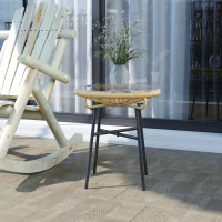 Outsunny Mesa Auxiliar de Ratán Sintético Redonda para Exteriores con Encimera de Vidrio Templado Ø50x50 cm Beige(m-10)