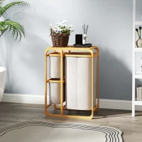 HOMCOM Cestino Portabiancheria in Bambù con 3 Sacchi e Ripiani in Tessuto, 50x32x69.7 cm, color Bambù e Crema(m-2)