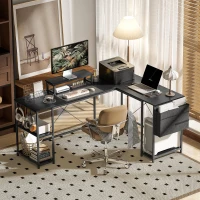 HOMCOM Bureau d'angle modulable réversible 168-240 cm style industriel - étagère réglable, sac de rangement, support d'écran(m-2)