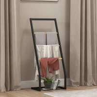 HOMCOM Portasciugamani a 4 Sbarre in Acciaio e Bambù, 40.5x28x98cm, Nero e color Legno(m-2)