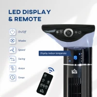 HOMCOM Anion Tower Fan for Bedroom, 42 inch, 6 m/s Powerful Velocity, Standing Floor Fan with 60° Oscillating, 3 Modes, 3 Speeds, 8 Hour Timer, LED Display, Remote Control, Black(m-7)