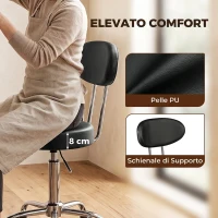 HOMCOM Sgabello con Ruote in Ecopelle PU, Regolabile, Seduta Imbottita e Schienale, Nero(m-5)
