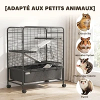 PawHut Cage pour Rongeurs sur Roulantes, 4 Niveaux, 3 Plateformes, 3 Rampes, Bouteille d'Eau, 75x46x94,5cm, Noir(m-9)
