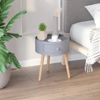 HOMCOM Table basse - table de chevet - table de nuit ronde - design scandinave table d'appoint bout de canapé avec tiroir pieds effilés inclinés bois massif chêne clair gris(m-10)