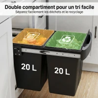 HOMCOM Poubelle sous évier coulissante, poubelle de tri sélectif, 2 x 20L, seaux intérieurs amovibles, 52 x 33,5 x 41 cm, noir(m-5)
