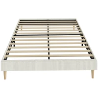 HOMCOM Cadru de pat 140 x 190 cm cu somieră, pat dublu tapițat în catifea canelată, spațiu de depozitare dedesubt, crem(m-8)