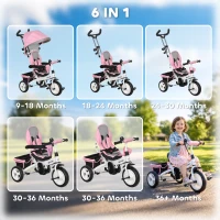 HOMCOM 6 in 1 Kids Trike Push Bike w/ Push Handle, Canopy, 5-point Seat Belt, Storage, Footrest, Brake, for 1-5 Years, Pink(m-4)