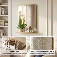 HOMCOM Modern Rectangular Wall Mirror with Storage Shelf, 70 x 50 cm, Gold Tone(m-4)