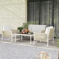 Outsunny Gartenmöbel Set aus Polyrattan Lounge-Set mit 2er Sofa Sessel Glastisch Kissen 4 Personen Braun+Grau(m-10)